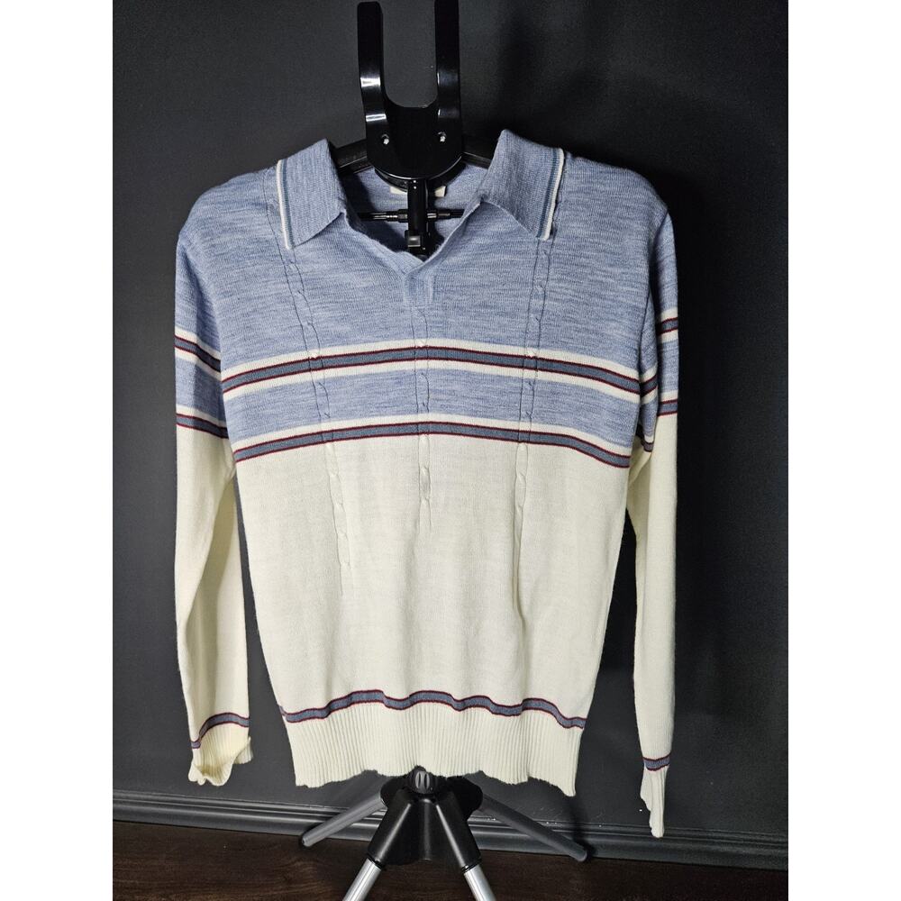 Vintage MISTER Man Shirt Acrylic Knit Medium Collar Long Sleeve Blue Striped